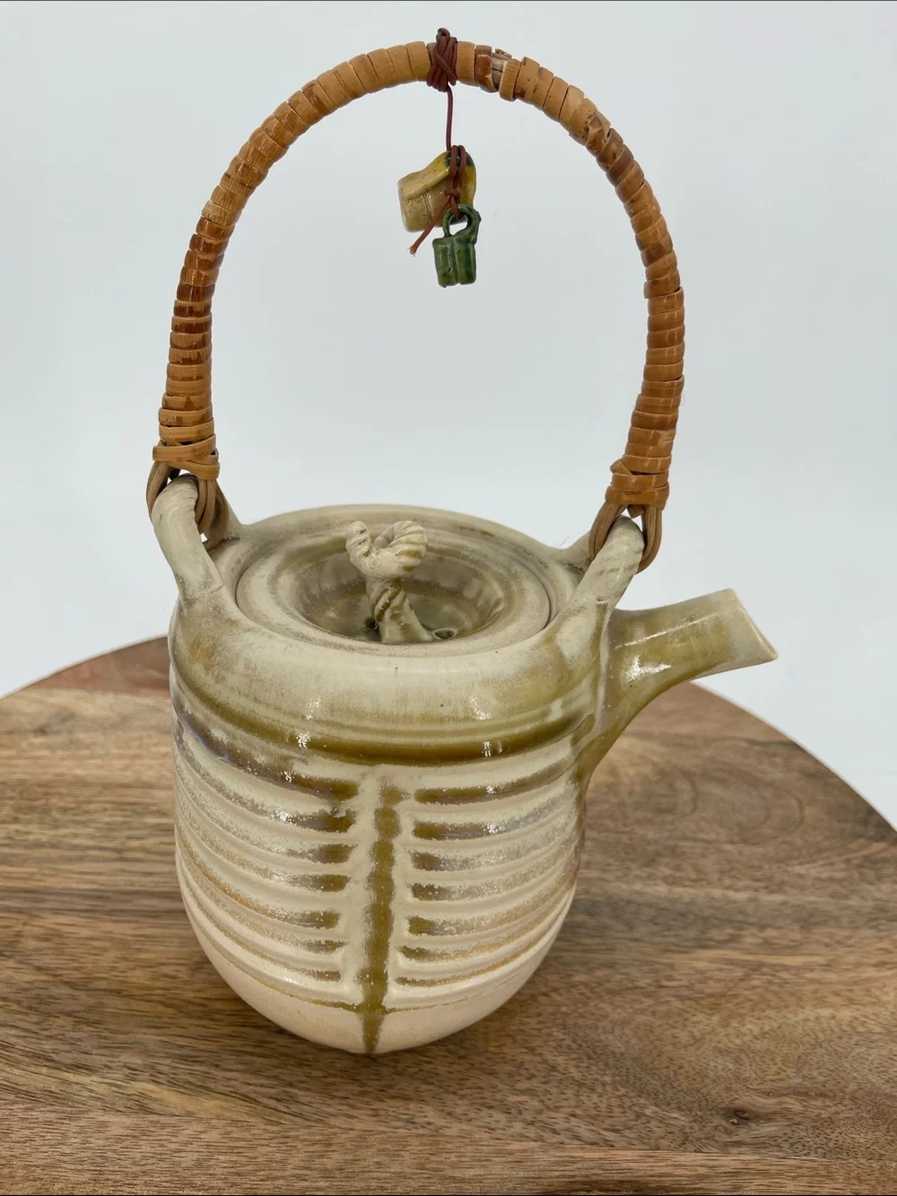 Vintage Handcrafted Japanese Ceramic Teapot with Woven Handle —Cup Charms
